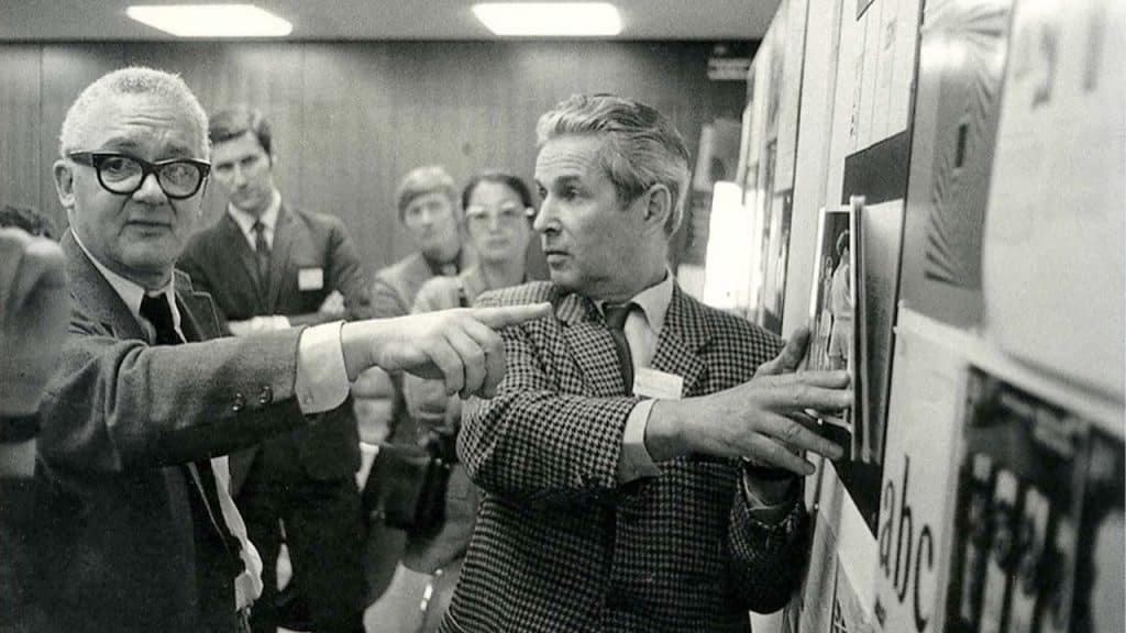 Paul Rand (left) and Brockmann (right) during a work session at IBM in the 1960s